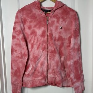 Tommy Hilfiger Hot Pink Tie Dye Zip Up Hoodie Y2K Vibrant Color Streetwear Style